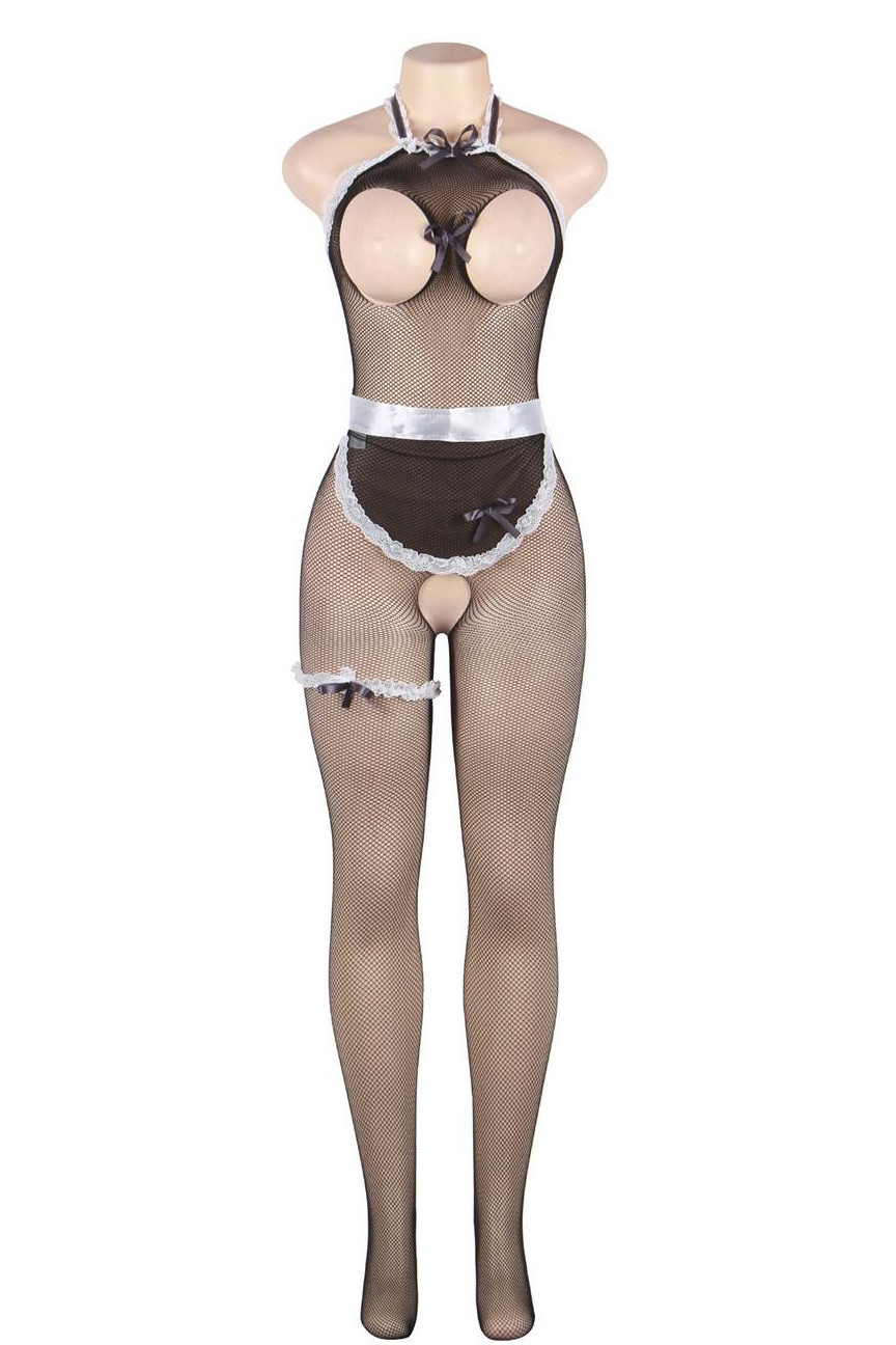 French Maid Open Cup Fishnet Body Stockings