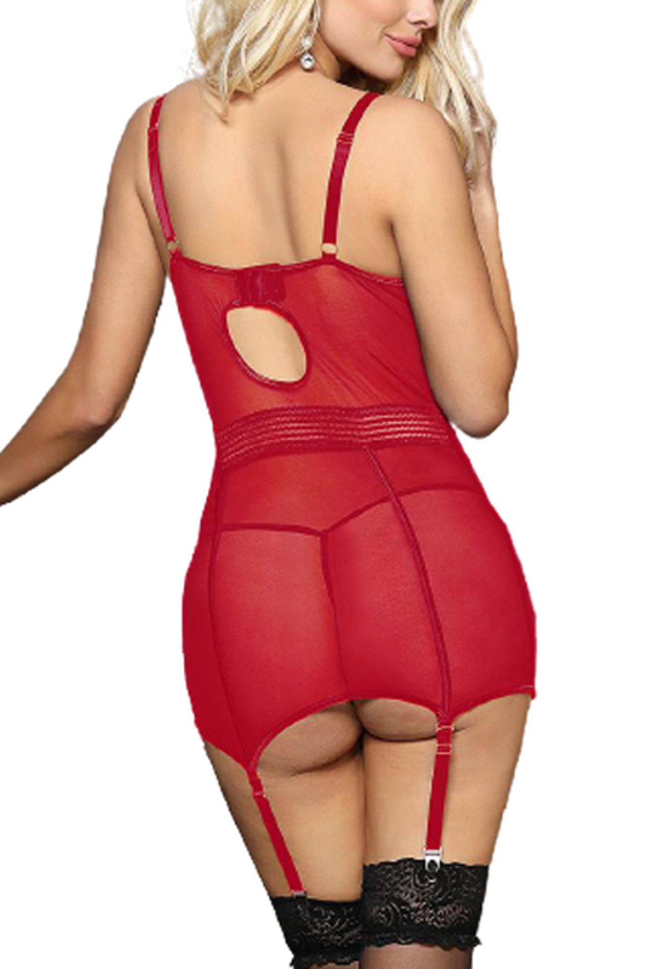 Alessandra Red Lace Mesh Garter Chemise