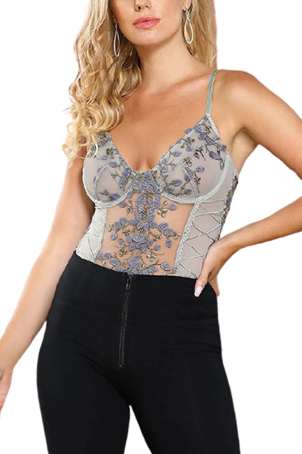 Eden Gray Butterfly Embroidered Sheer Teddy