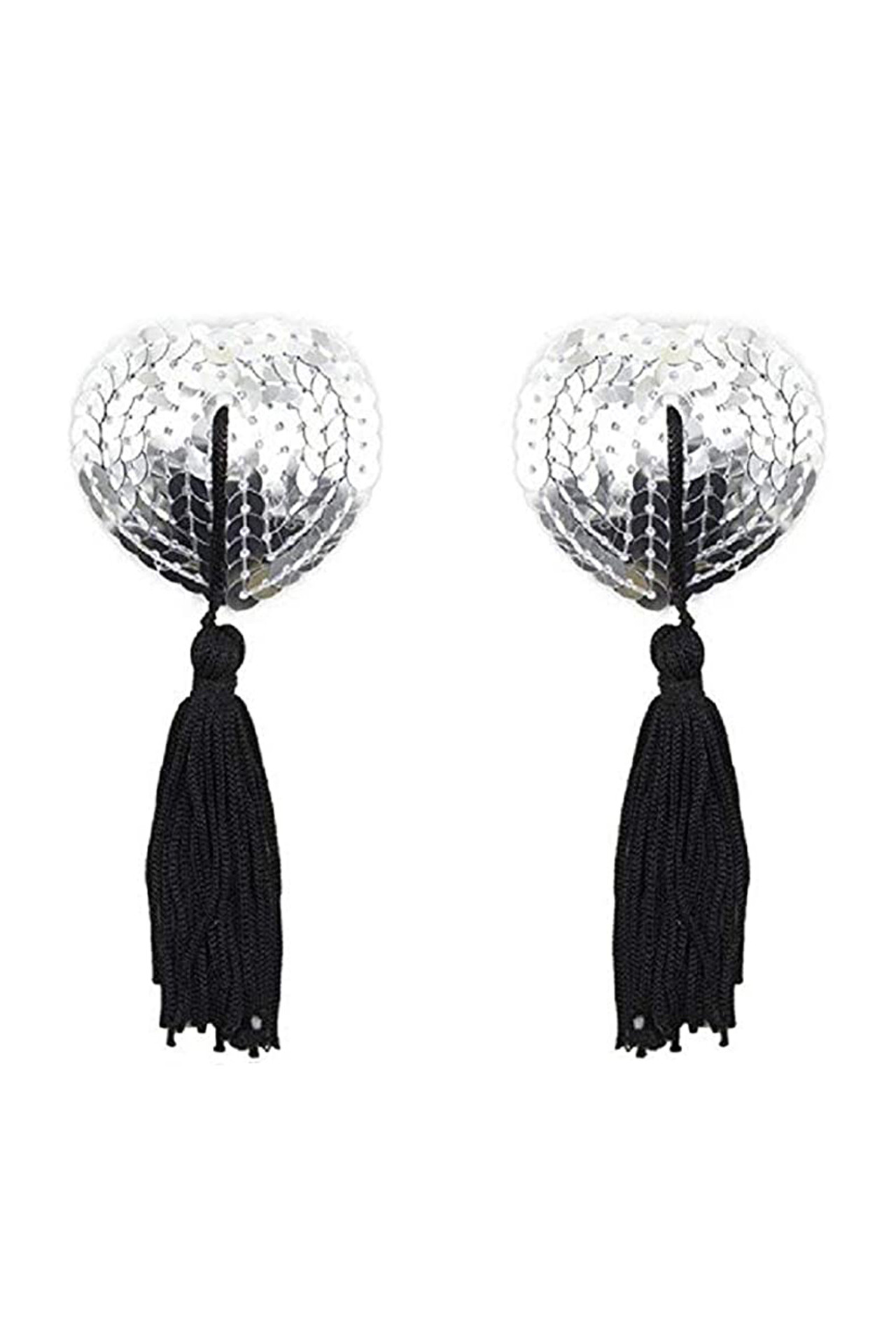 Silver Heart Sequin Black Tassel Nipple Pasties