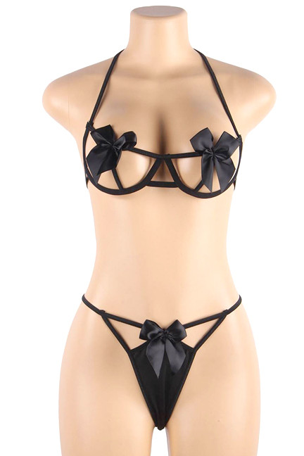 Cherie Black Satin Ribbon Cupless Bralette Thong Lingerie Set