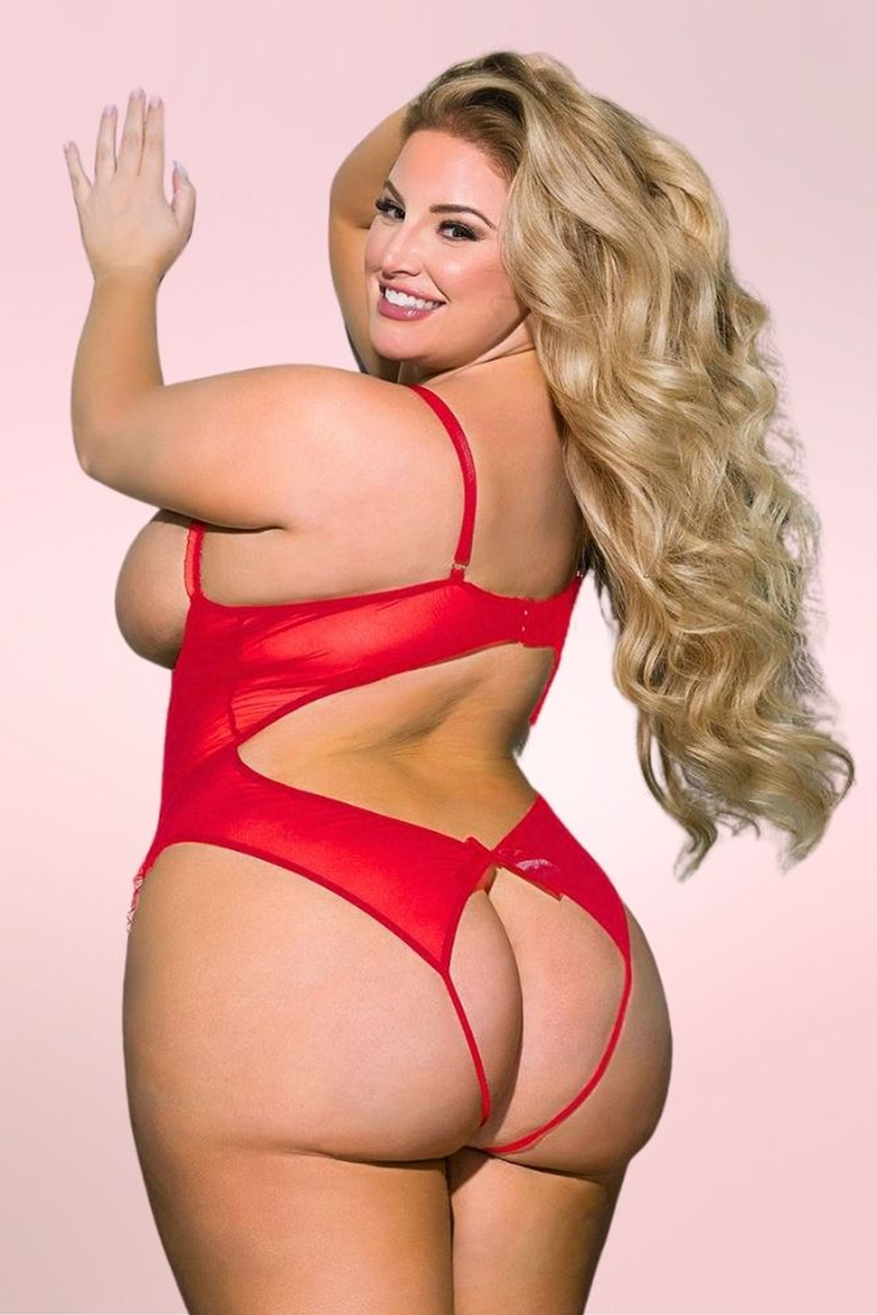 Lottie Red Lace Cupless Bodysuit Teddy Plus Size Crotchless Lingerie  worn by a curvy model back view 