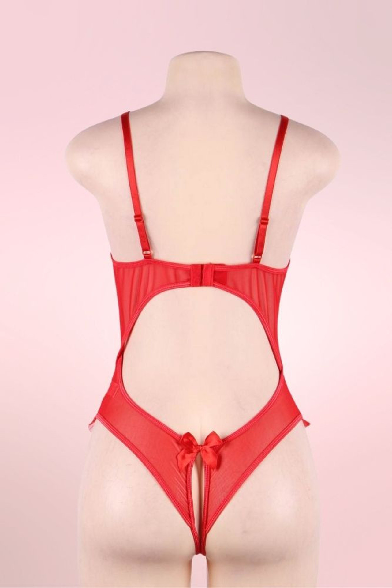 Lottie Red Lace Cupless Bodysuit Teddy Crotchless Lingerie  actual product picture on a mannequin backview 
