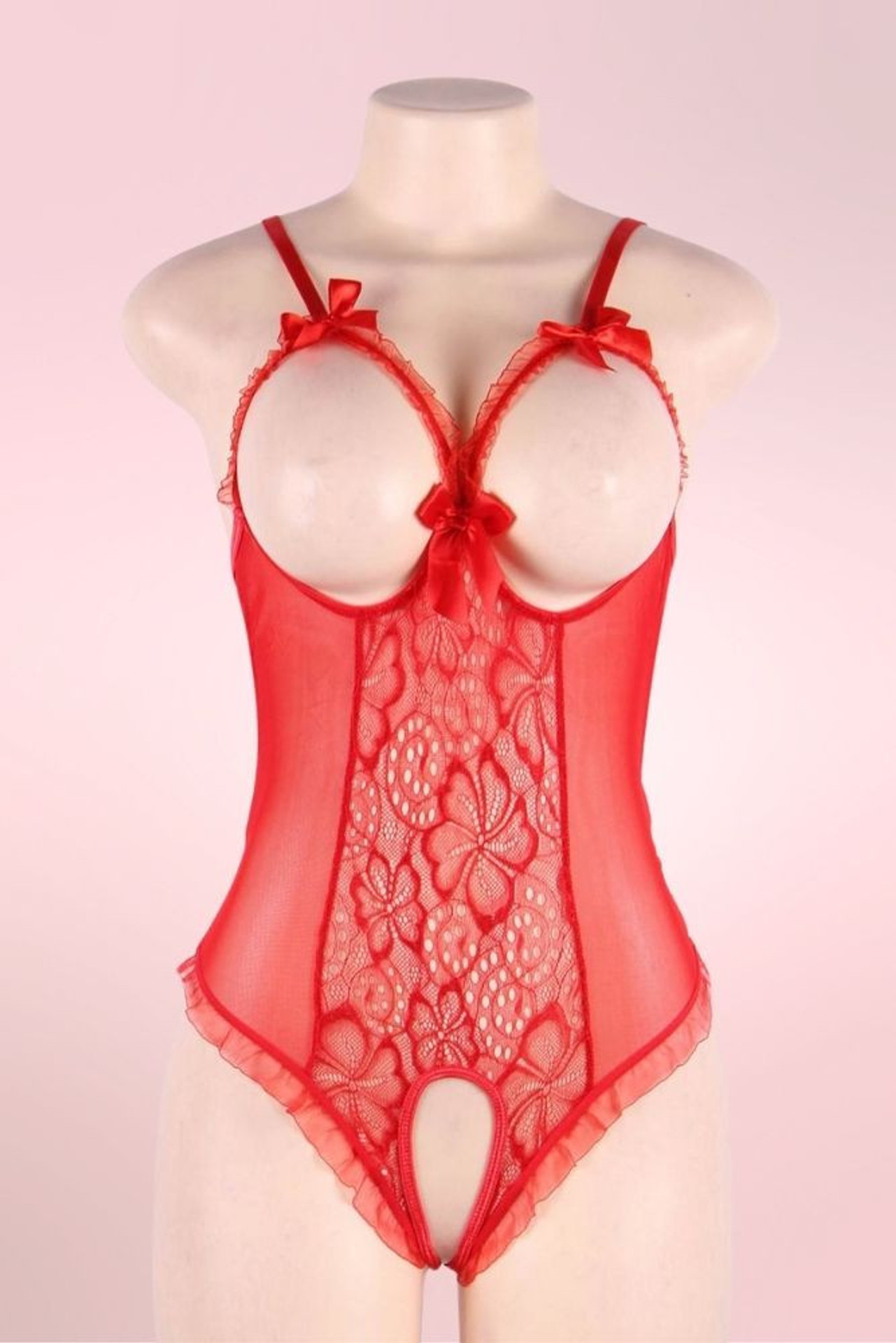 Lottie Red Lace Cupless Bodysuit Teddy Crotchless Lingerie  actual product picture on a mannequin front view 