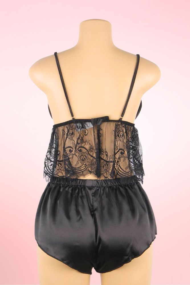 Antje Black Lace Cami Satin Boyshort Lingerie Set