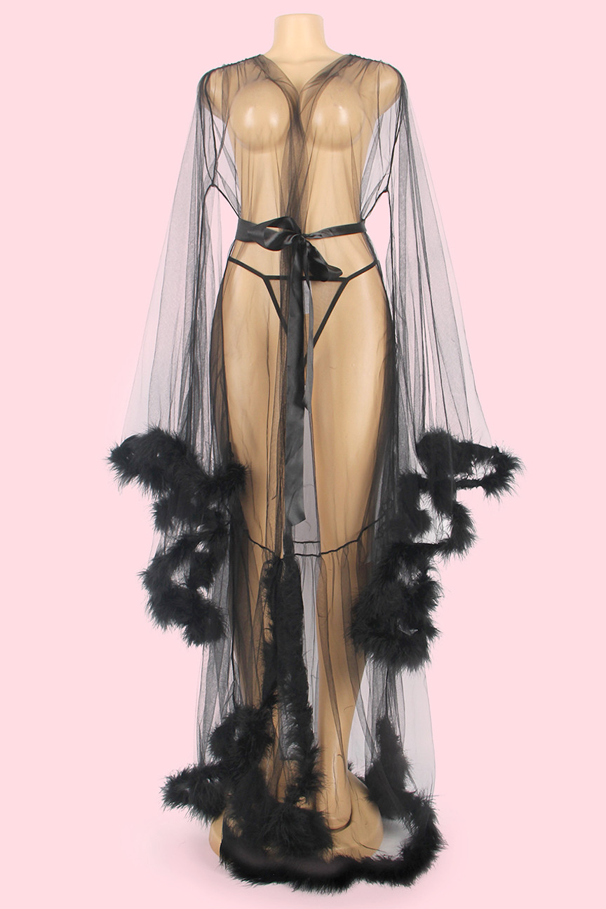 Gwyneth Black Sheer Retro Glam Marabou Long Night Gown