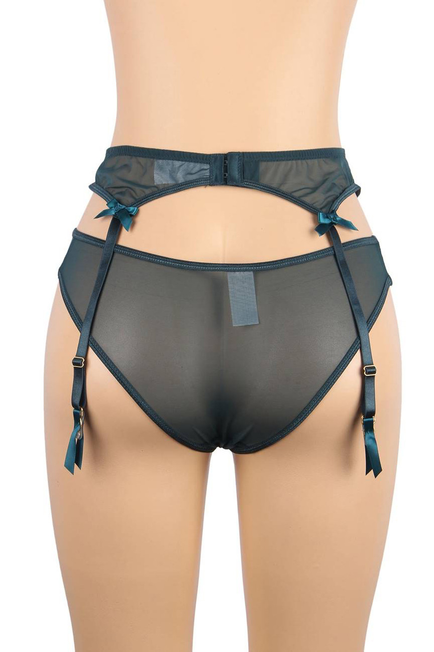 Yolanda Teal Green Eyelash Lace  Garter Belt Panty Set