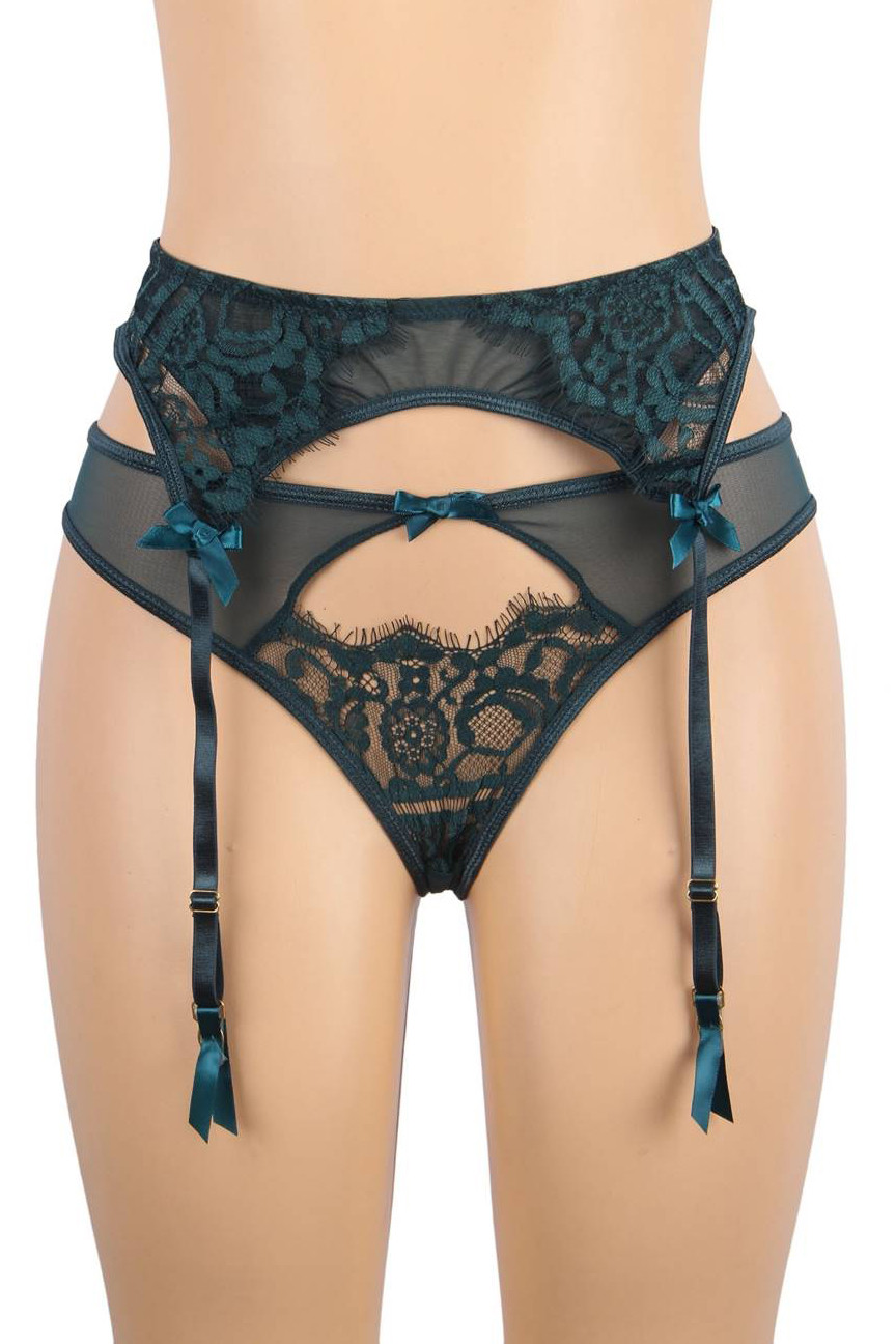 Yolanda Teal Green Eyelash Lace  Garter Belt Panty Set
