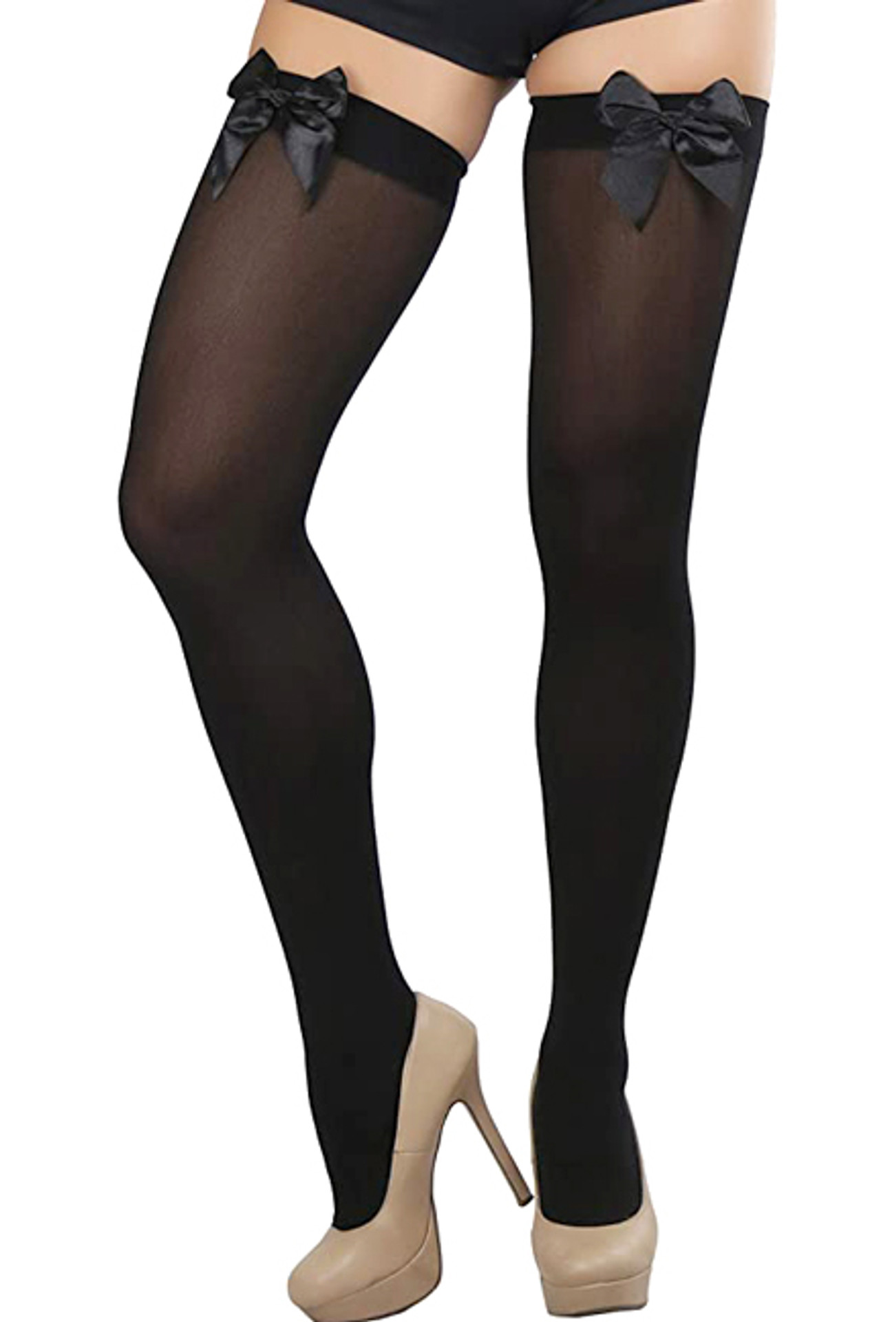 Black Satin Bow Semi Opaque Thigh Stockings