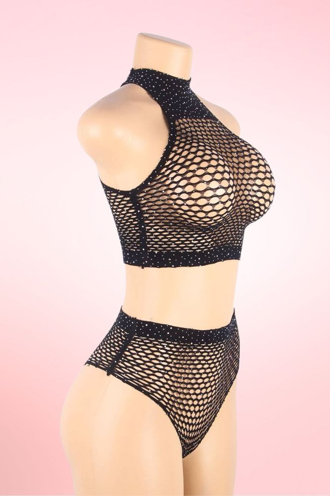Rivka Sparkle Rhinestone Black Fishnet Bodystocking Set