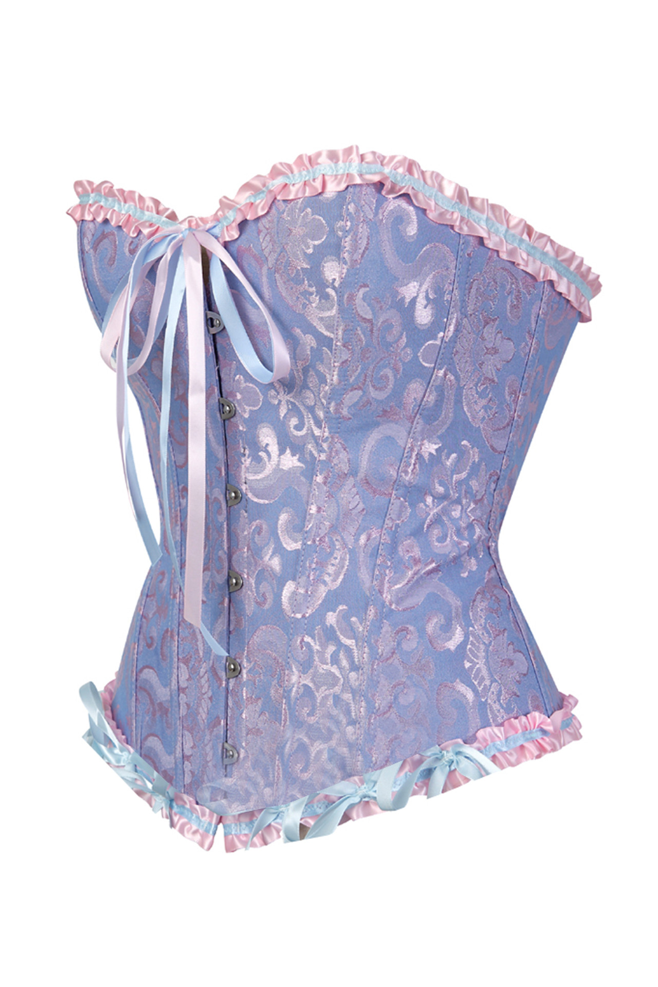 Pale Blue Pink Jacquard Vintage Bustier Boned Corset Top