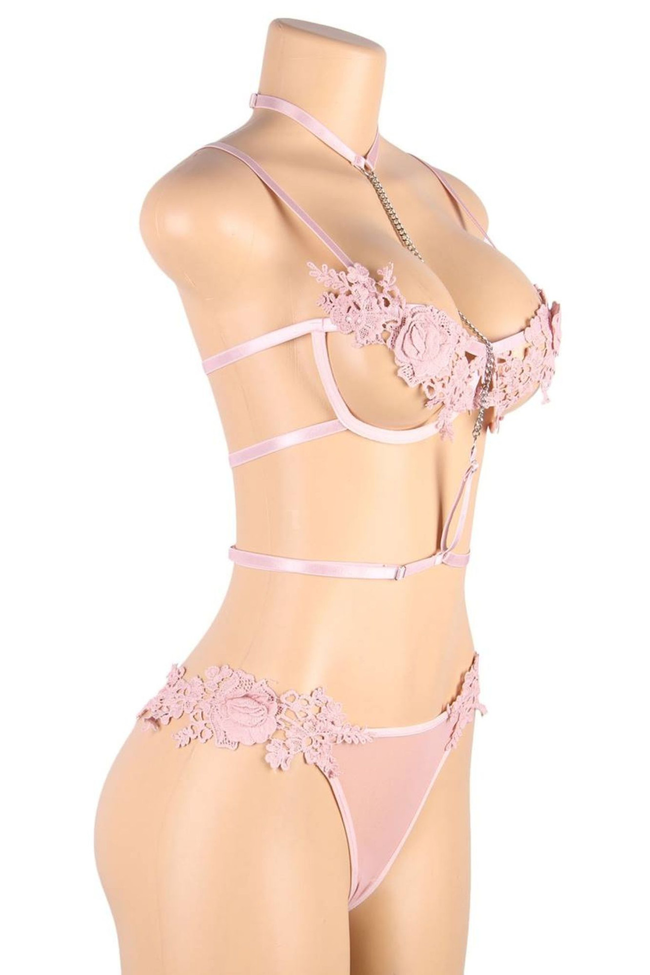 Romy Pink Embroidered Chain Bra and Panty Lingerie Set