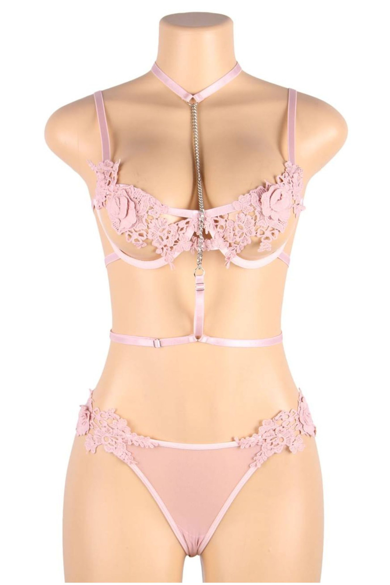 Romy Pink Embroidered Chain Bra and Panty Lingerie Set