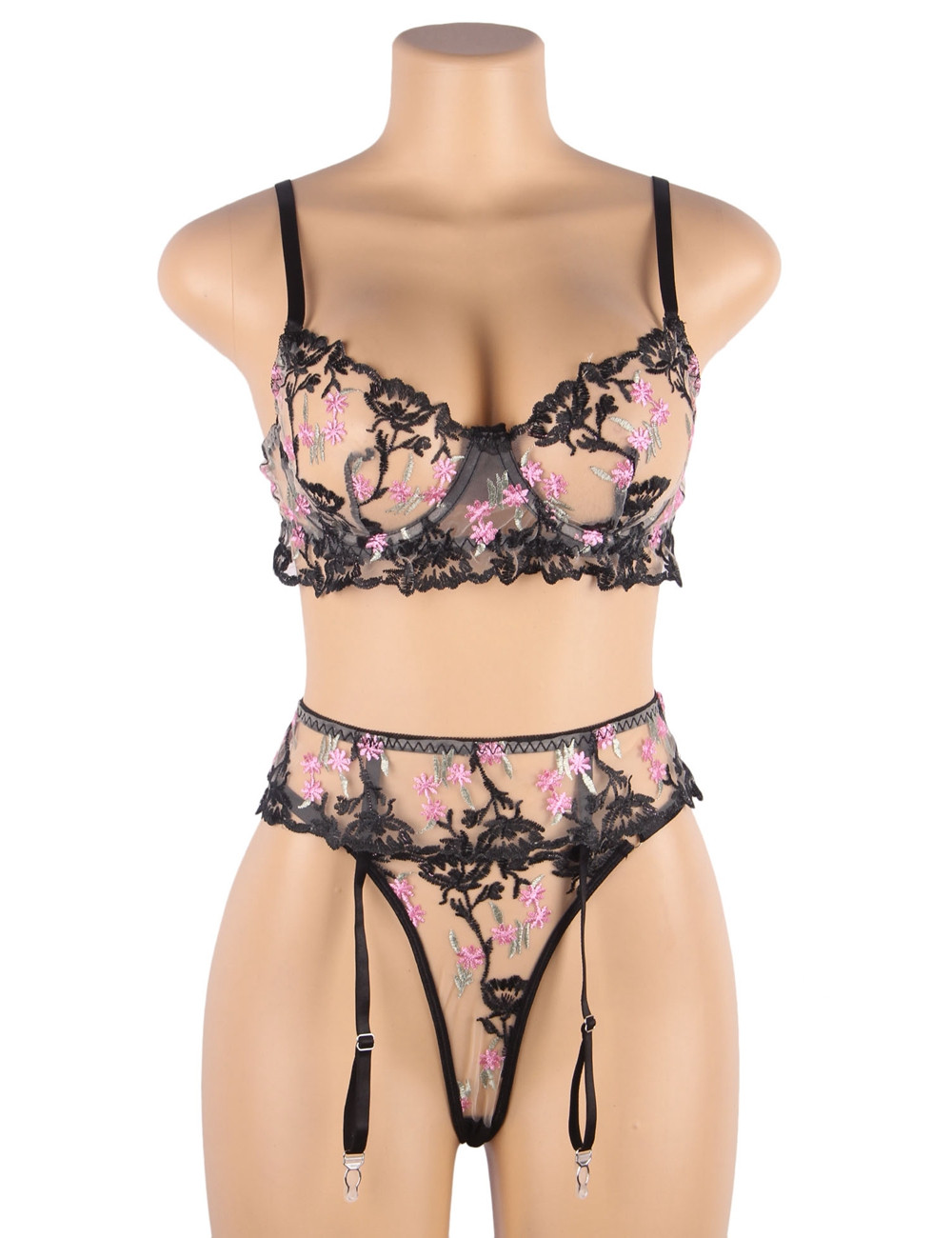 Carlotta  Sheer  Black Floral Embroidered Bra Garter Belt Set