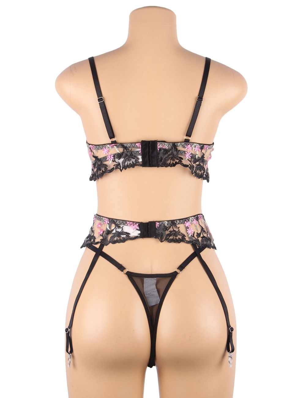 Carlotta  Sheer  Black Floral Embroidered Bra Garter Belt Set