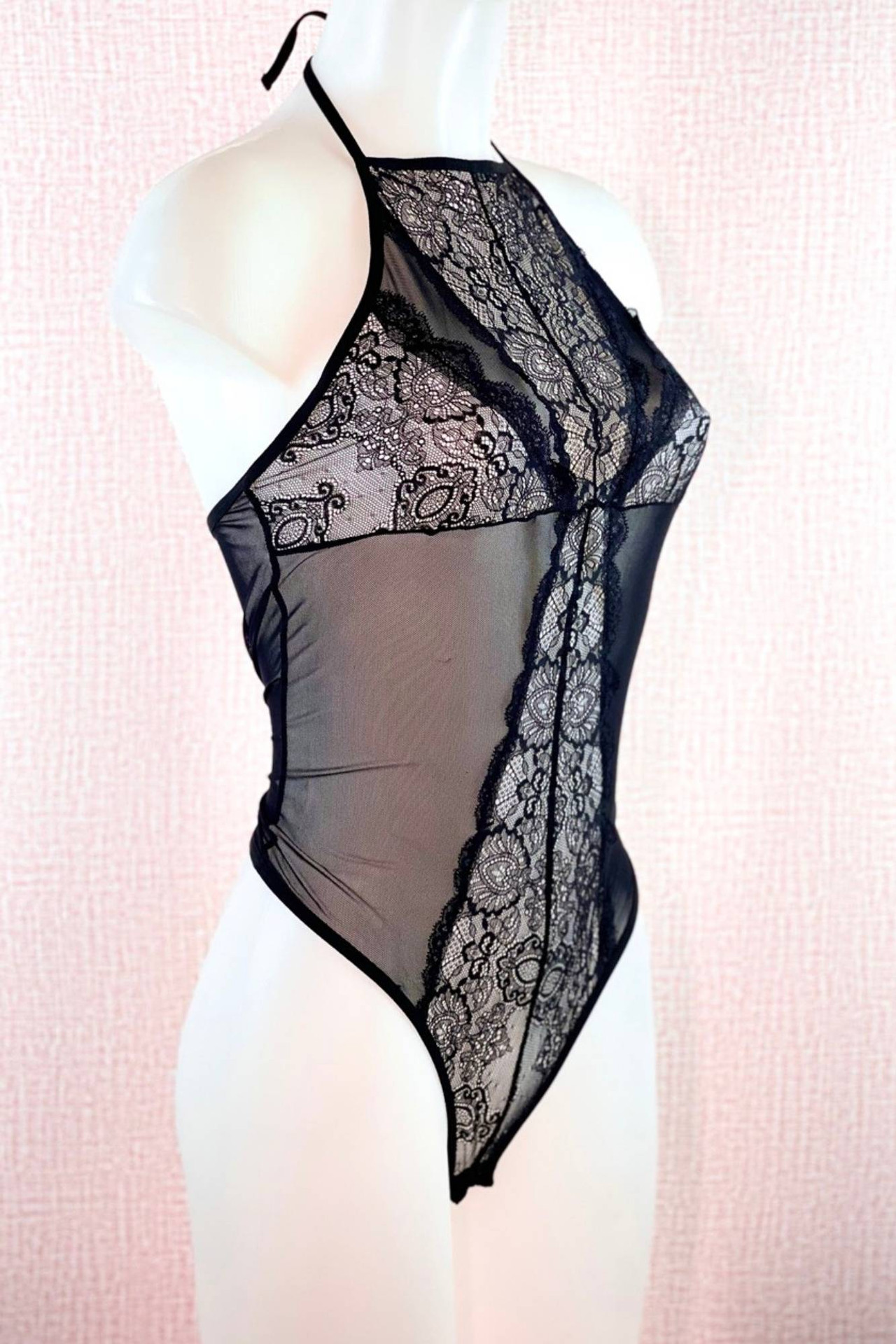 Beverly Halter style teddy bodysuit lingerie on a white mannequin quarter side view