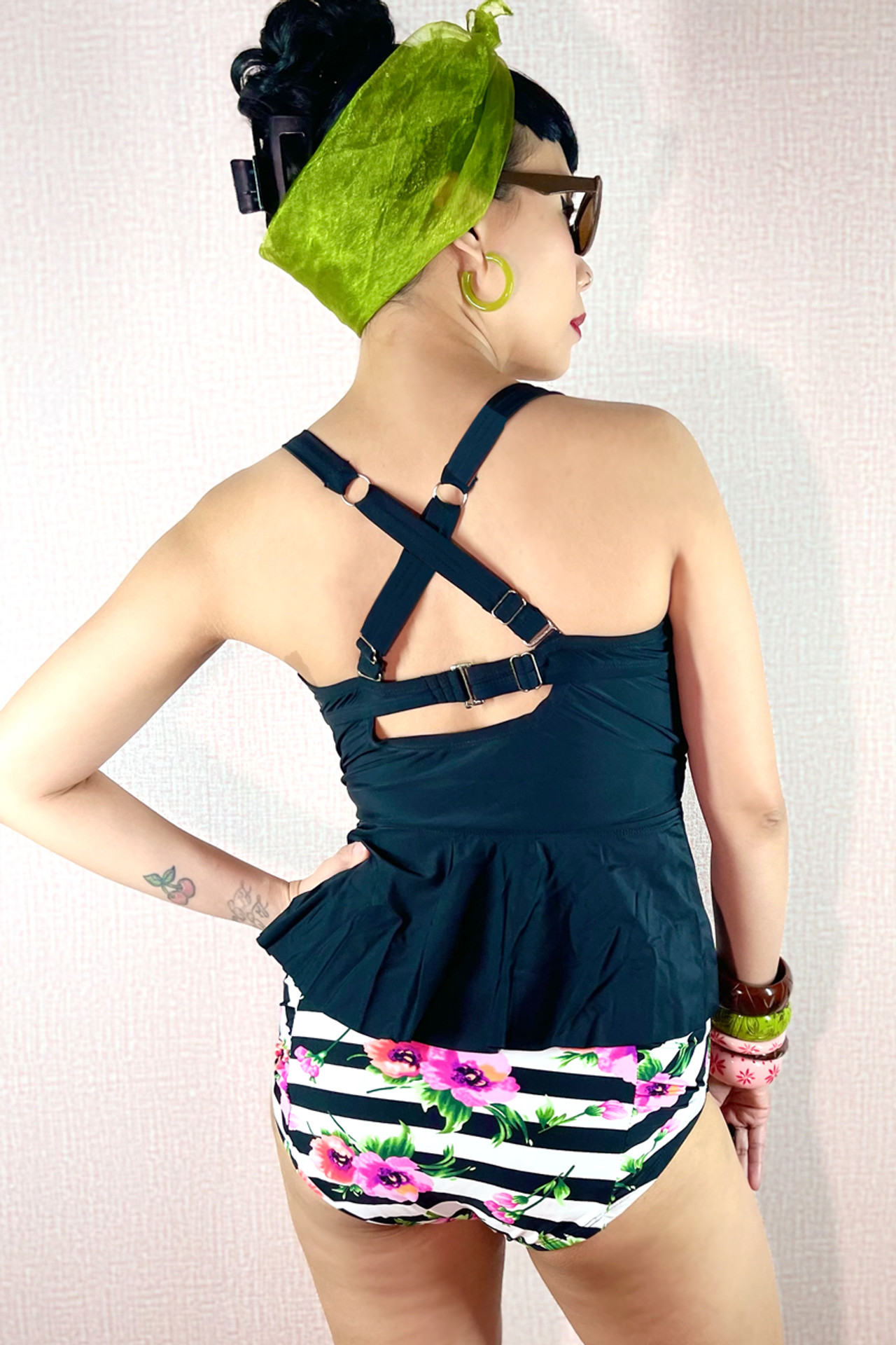 Midge Black Peplum Bustier Striped Floral High waist Retro Bikini Set