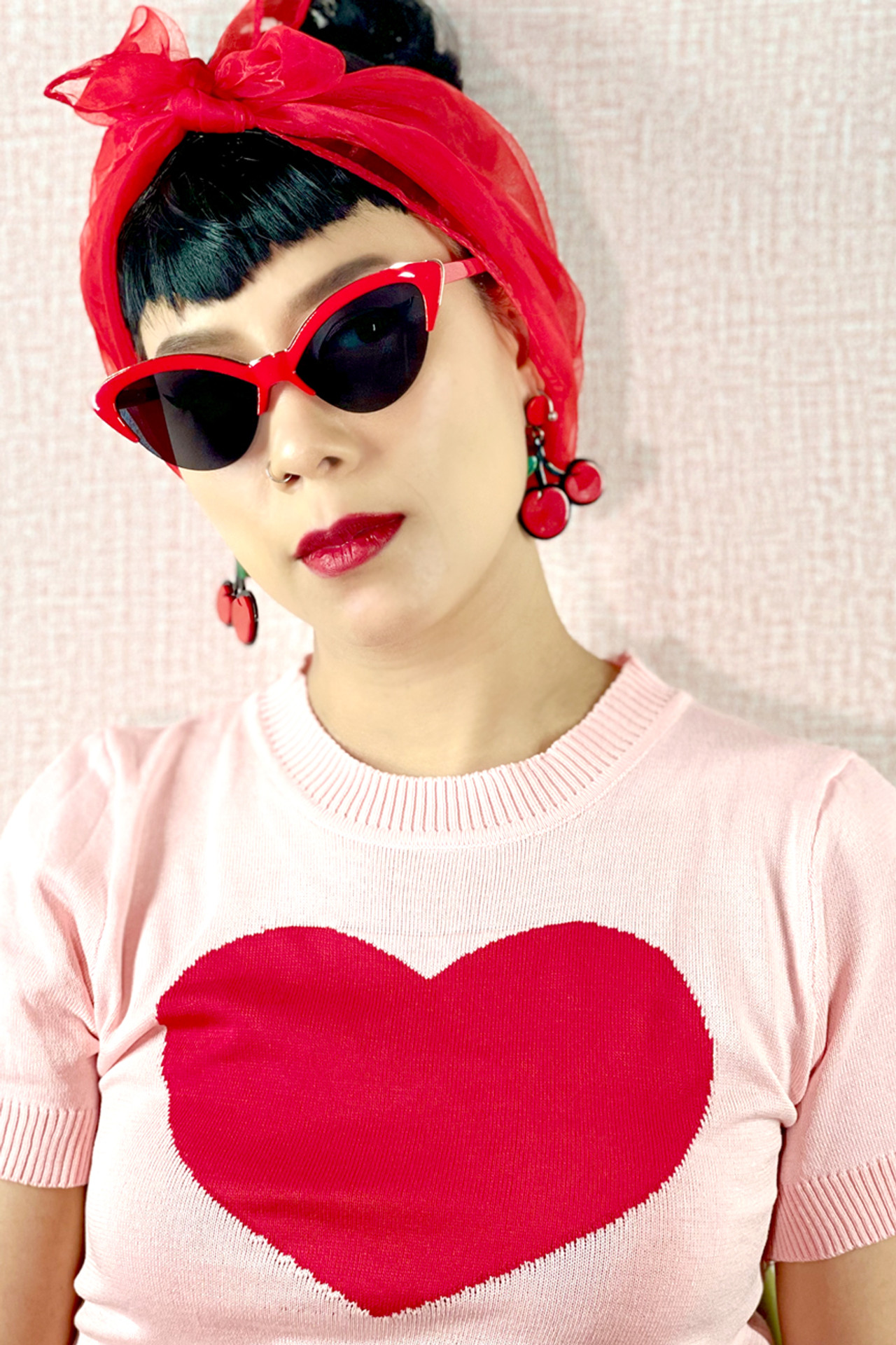 Retro Red Cherry Rockabilly Stud Dangling Laser Cut Layered Acrylic Vintage Style Earrings