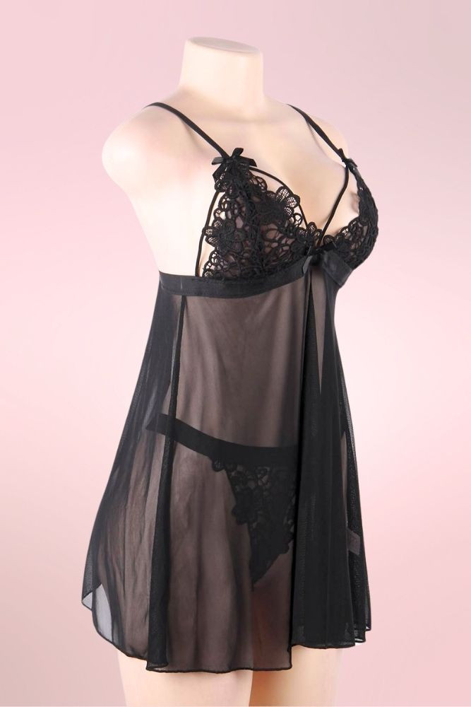 Dana Embroidered Lace Sheer Black Plus Size Babydoll Lingerie actual product picture on a mannequin quarter side view 