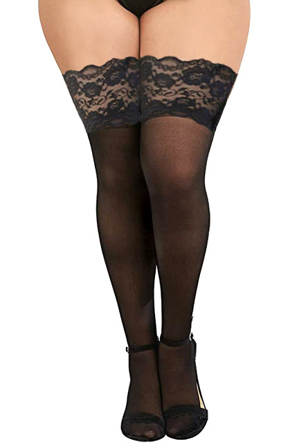 Black Plus Size Wide Lace Top Sheer Thigh High Stockings Hold Ups 