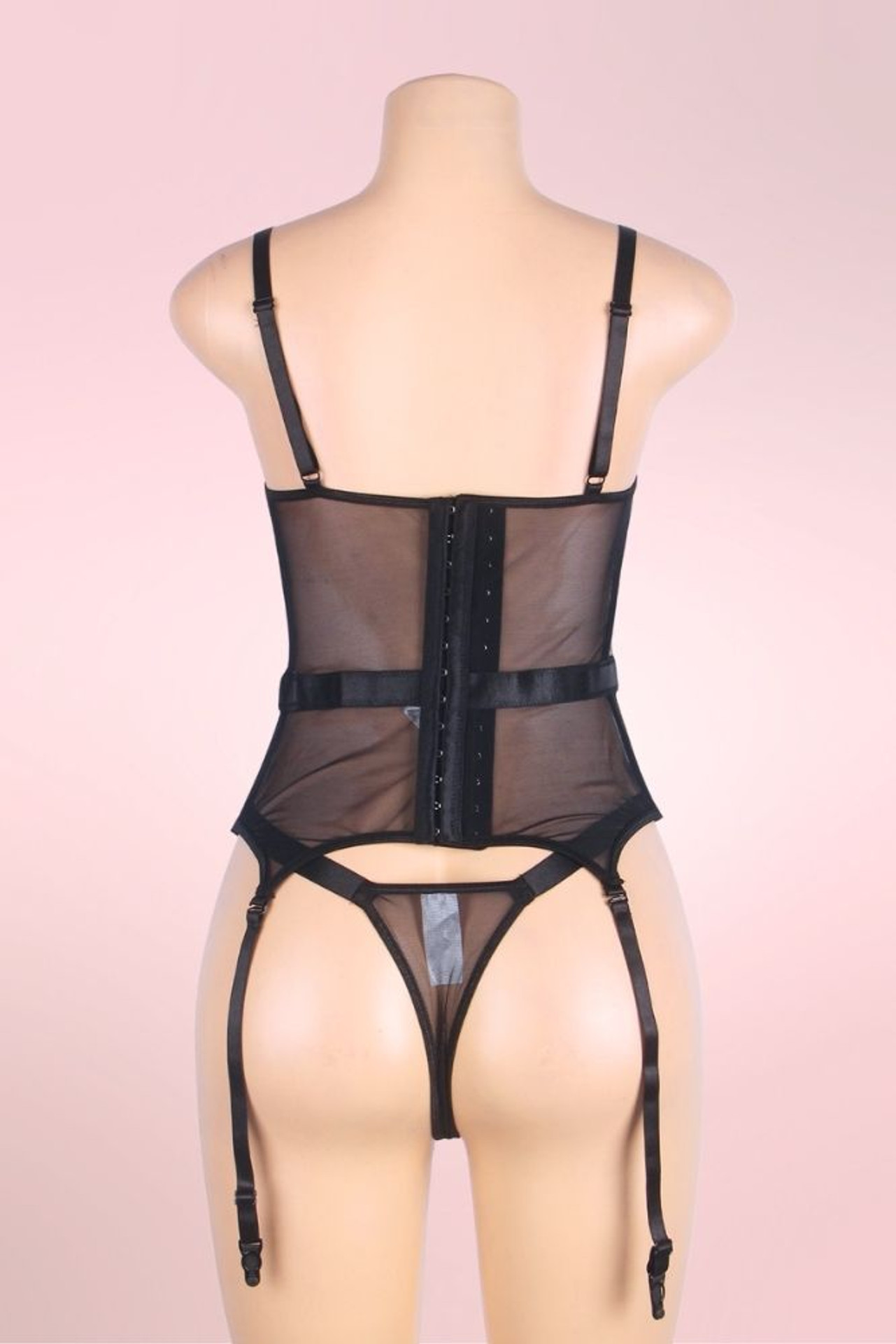 Minerva Plus Size Black Sheer Embroidered Garter Cami Lingerie Set