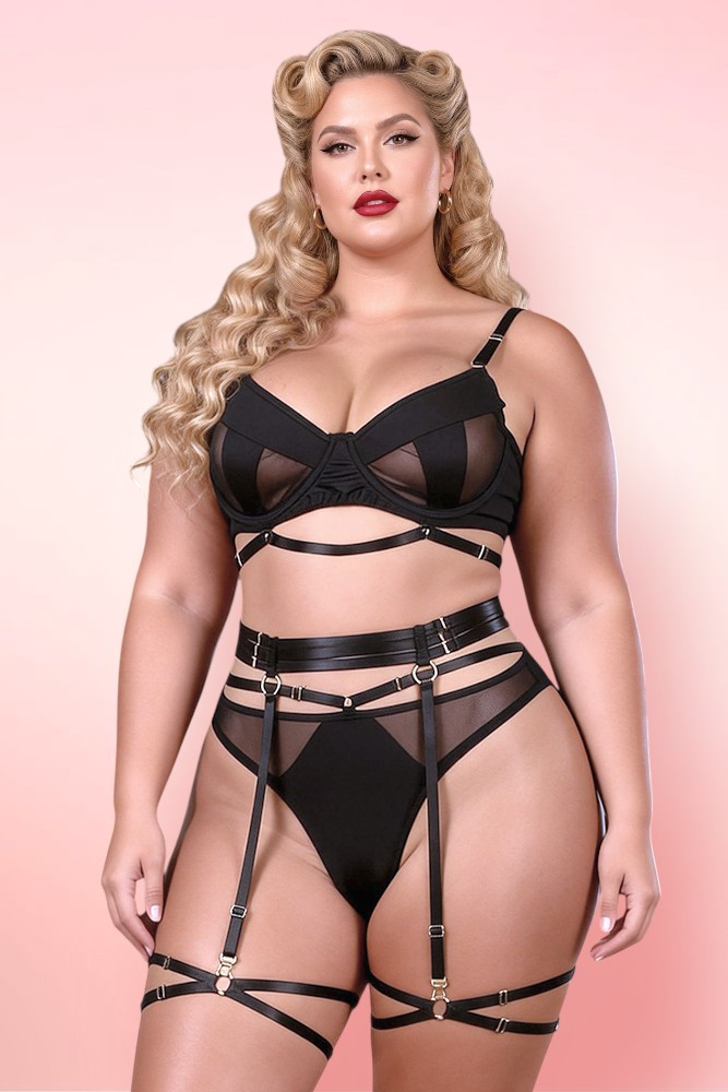 Olenna Plus Size Black Lingerie Set with Garter Belt.