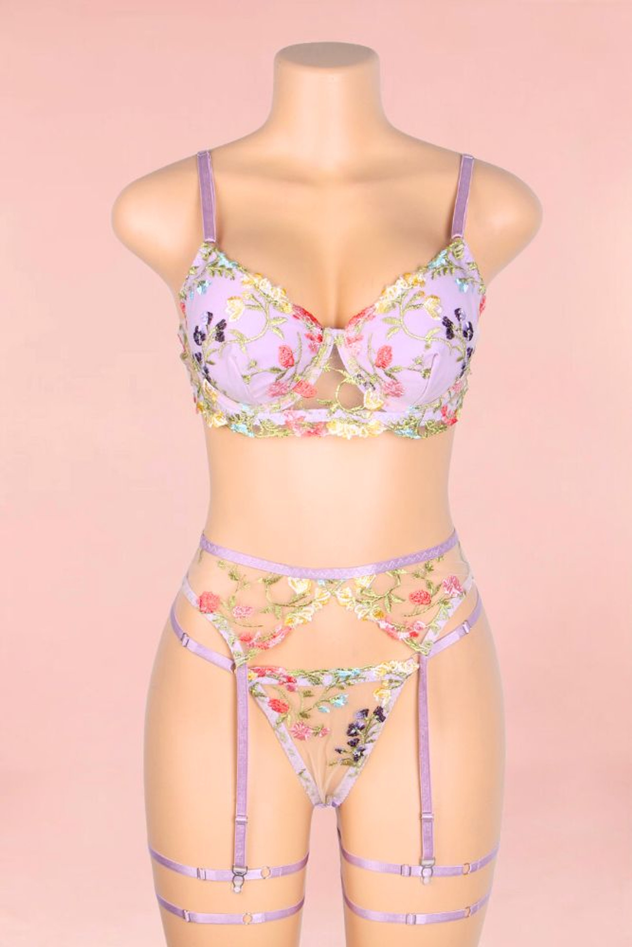 Indra Floral Embroidered Sheer Bra thigh Garter Belt Set
