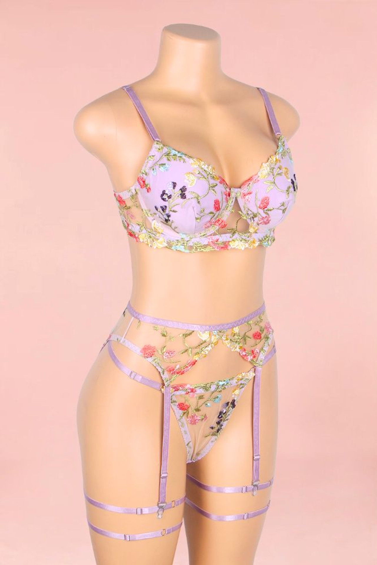 Indra Floral Embroidered Sheer Bra thigh Garter Belt Set