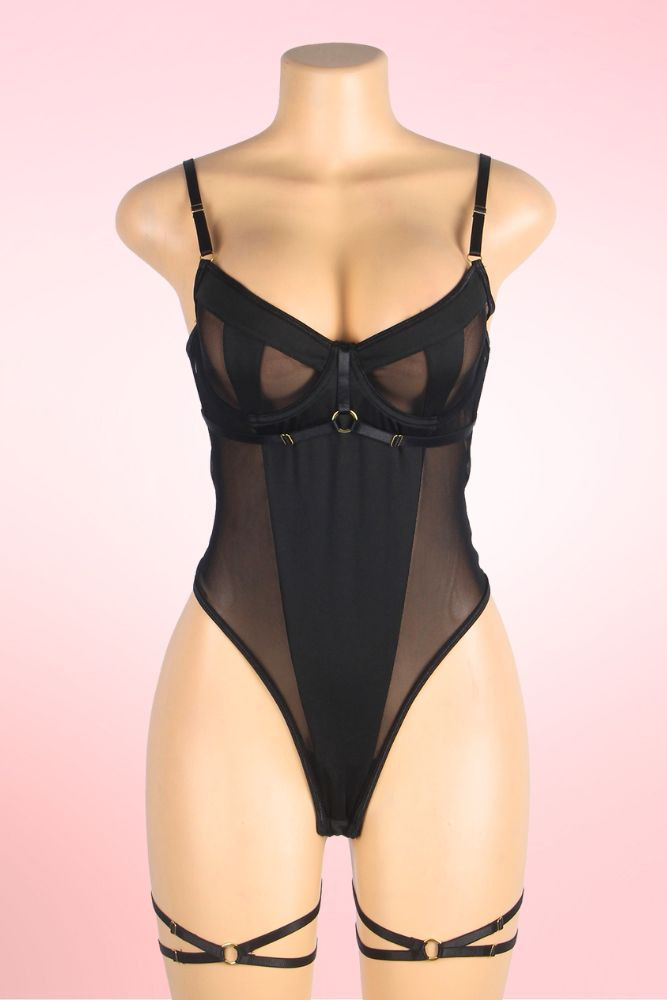Allestra Bondage Mesh Teddy Bodysuit with Thigh Garters