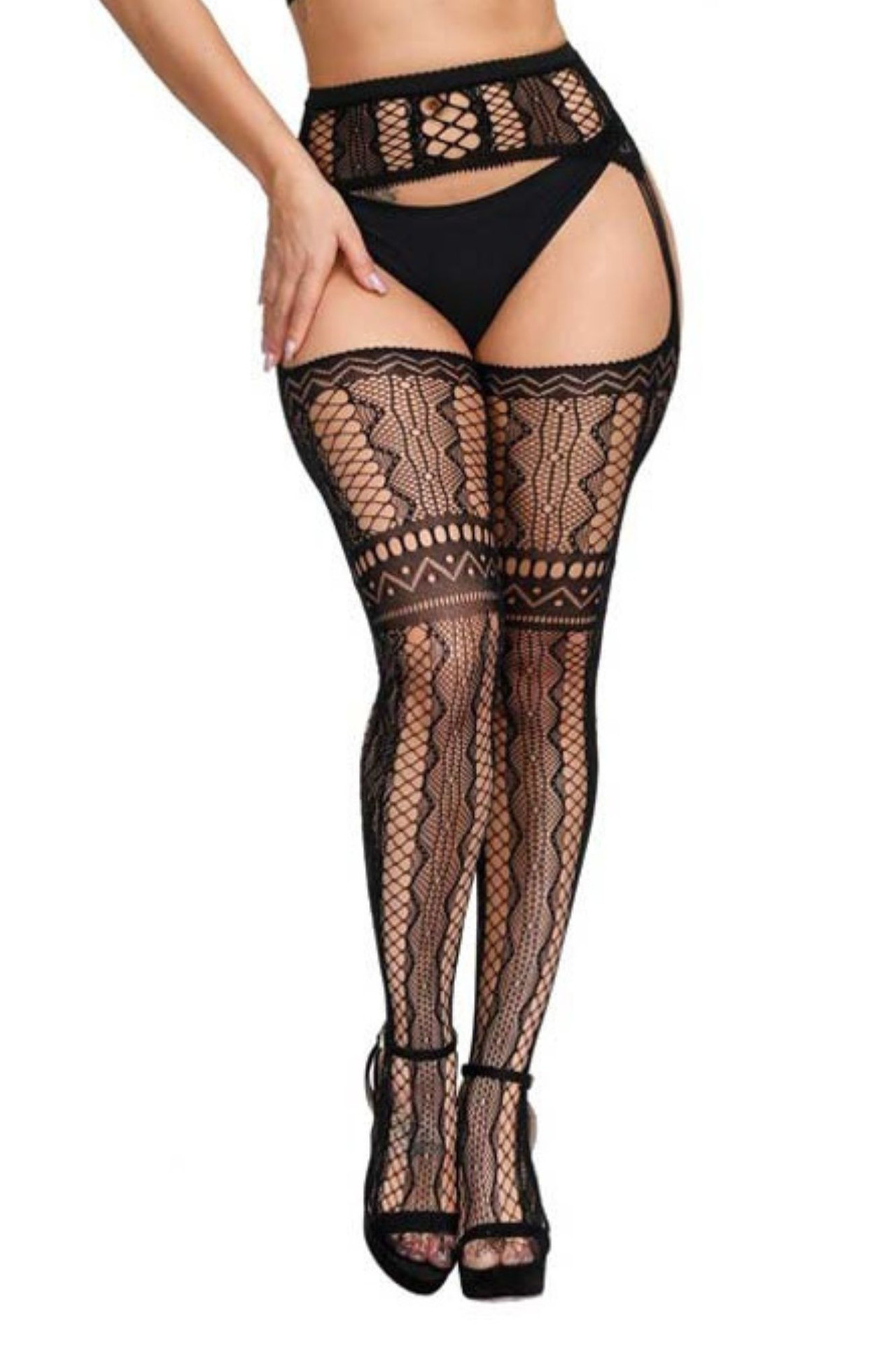 Tiki Vixen Pattern Fishnet Garter Belt to Thigh Garterhose Stockings