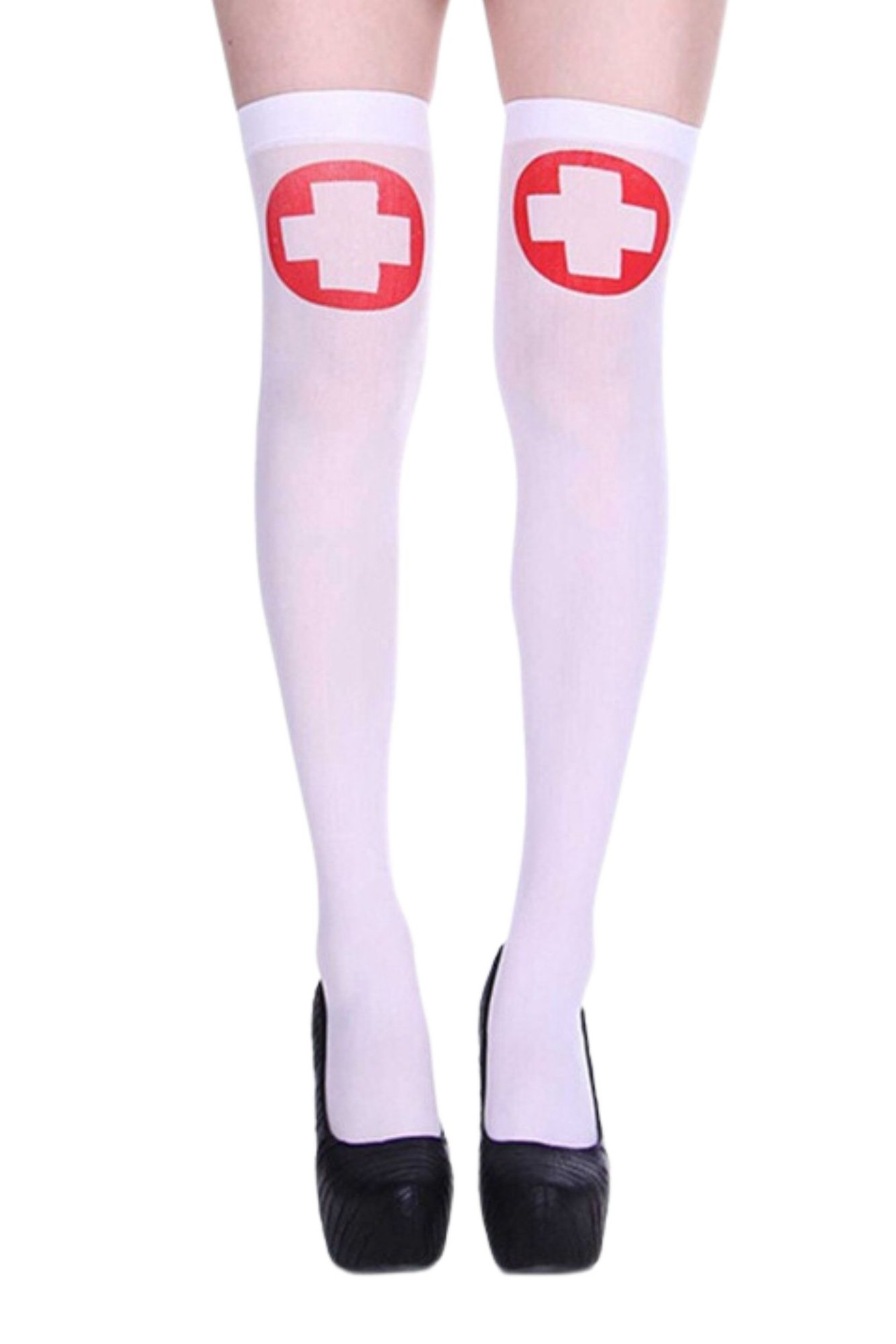 Sexy Nurse Red Cross White Thigh High Opaque Stockings