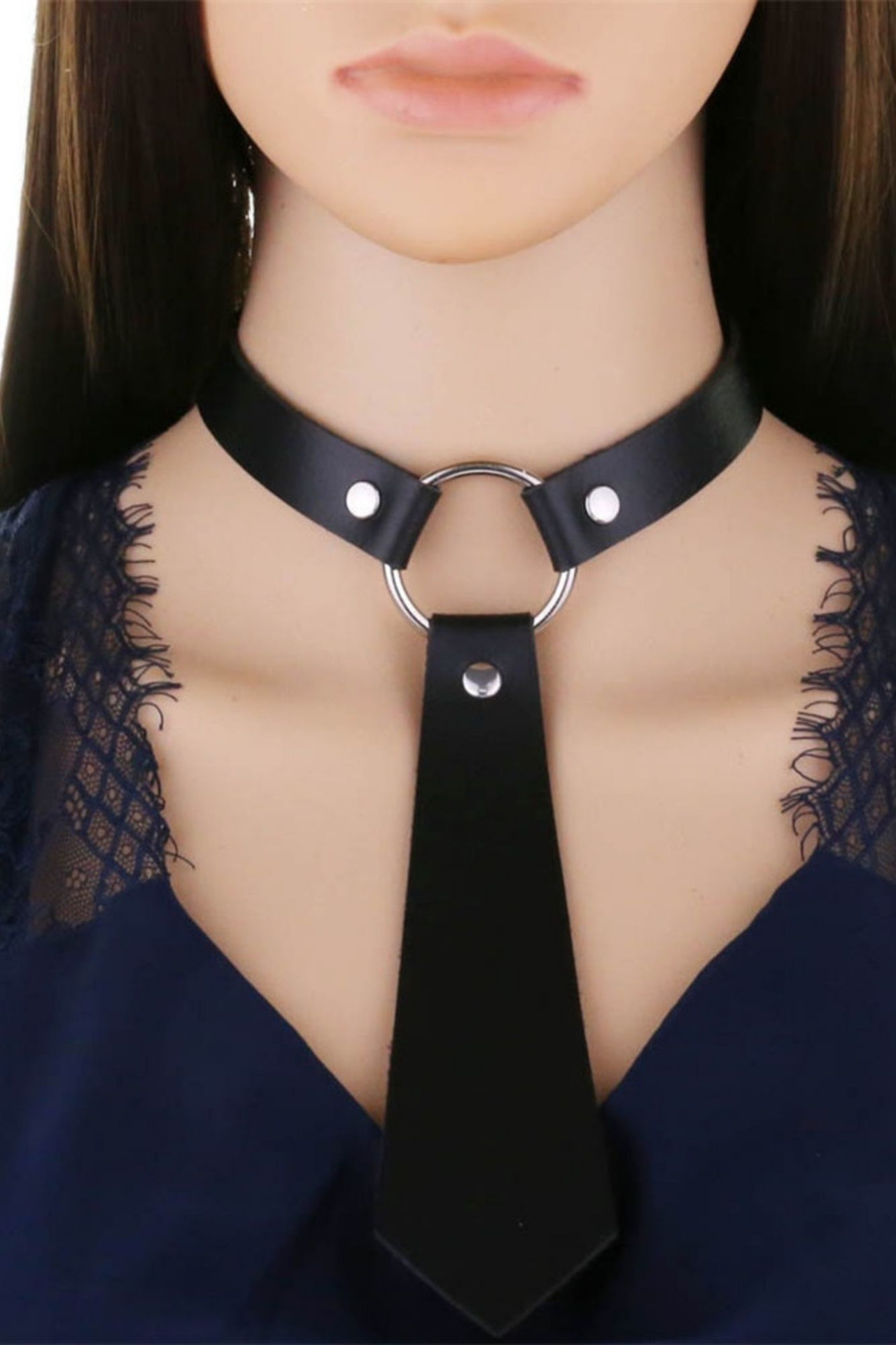 Necktie Faux Leather O-Ring Buckle Choker Necklace