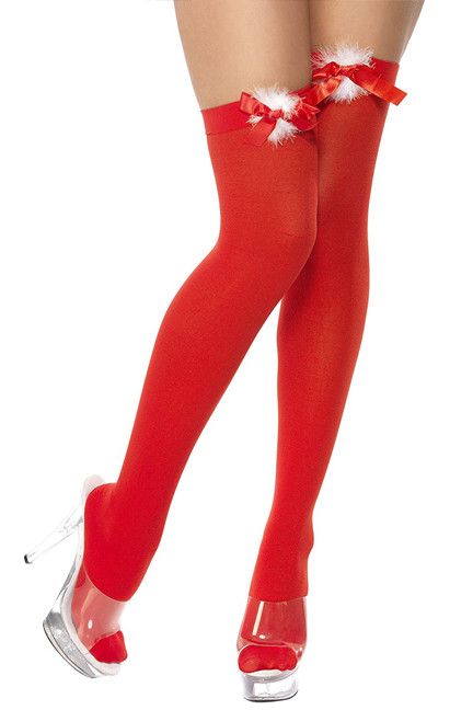 Christmas Red Opaque Marabou Thigh Stockings