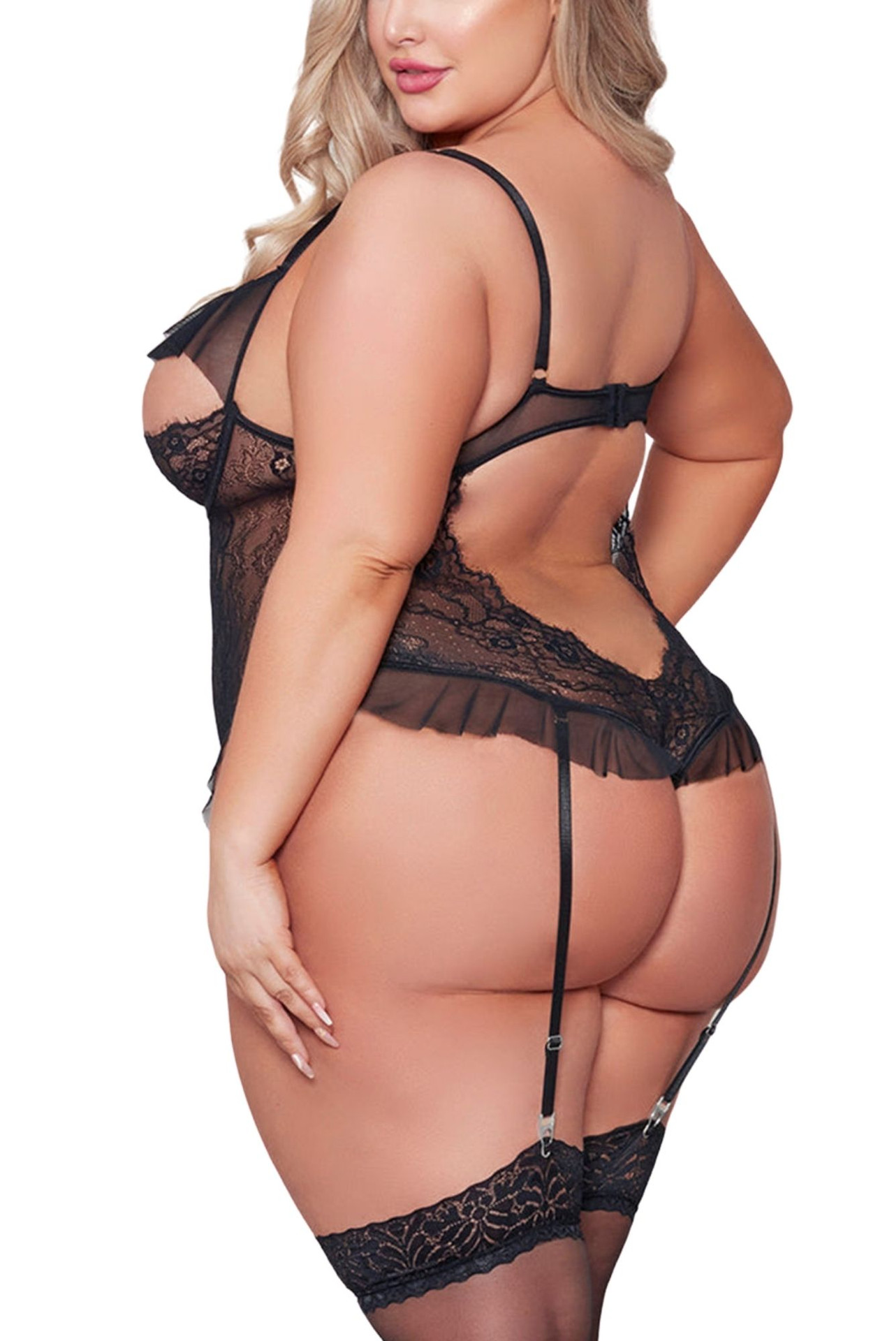 Rowena Plus Size Black Open Cup Lace Mesh Garter Teddy