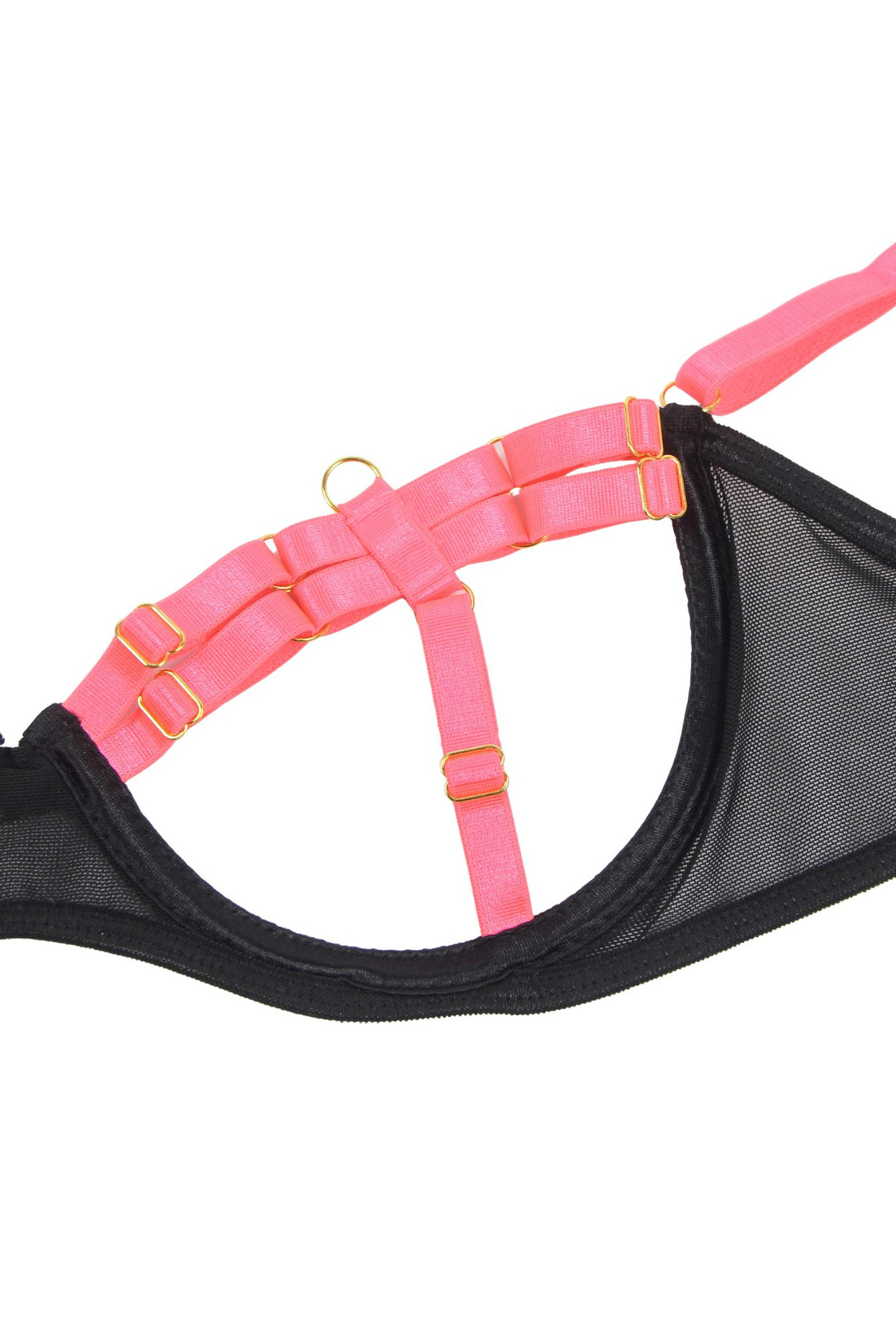 Nishka Plus Size Hot Pink Black Strappy Open Cup Shelf Bra Thong Set