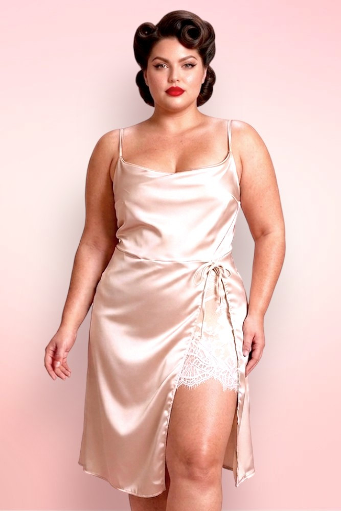 Beige Satin Plus Size Negligee.