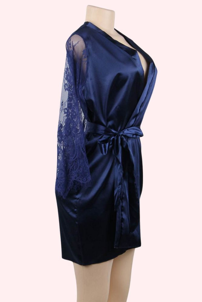 Emy Navy Satin Lace Kimono Robe