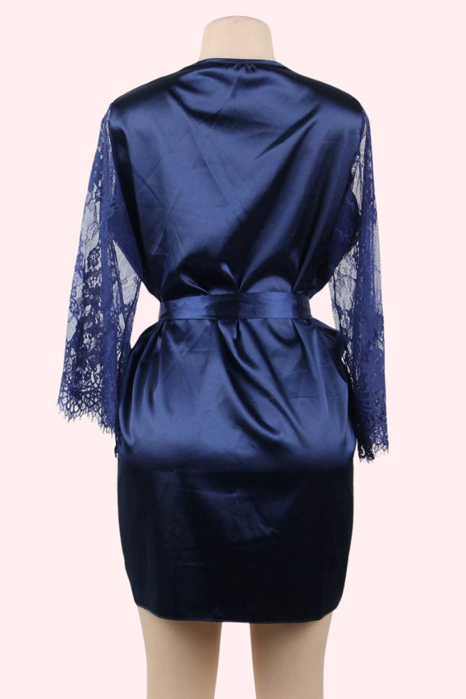 Emy Navy Satin Lace Kimono Robe