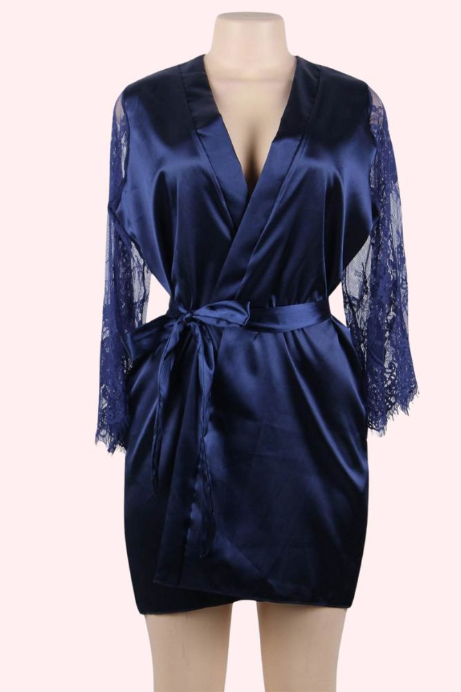 Emy Navy Satin Lace Kimono Robe