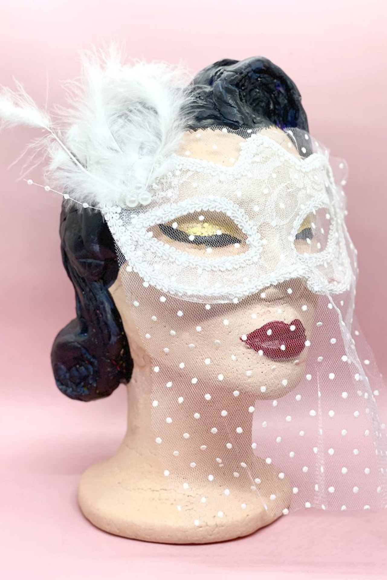Retro Polkadot Venetian White Masquerade Mask with Veil quarter side view on a vintage mannequin head