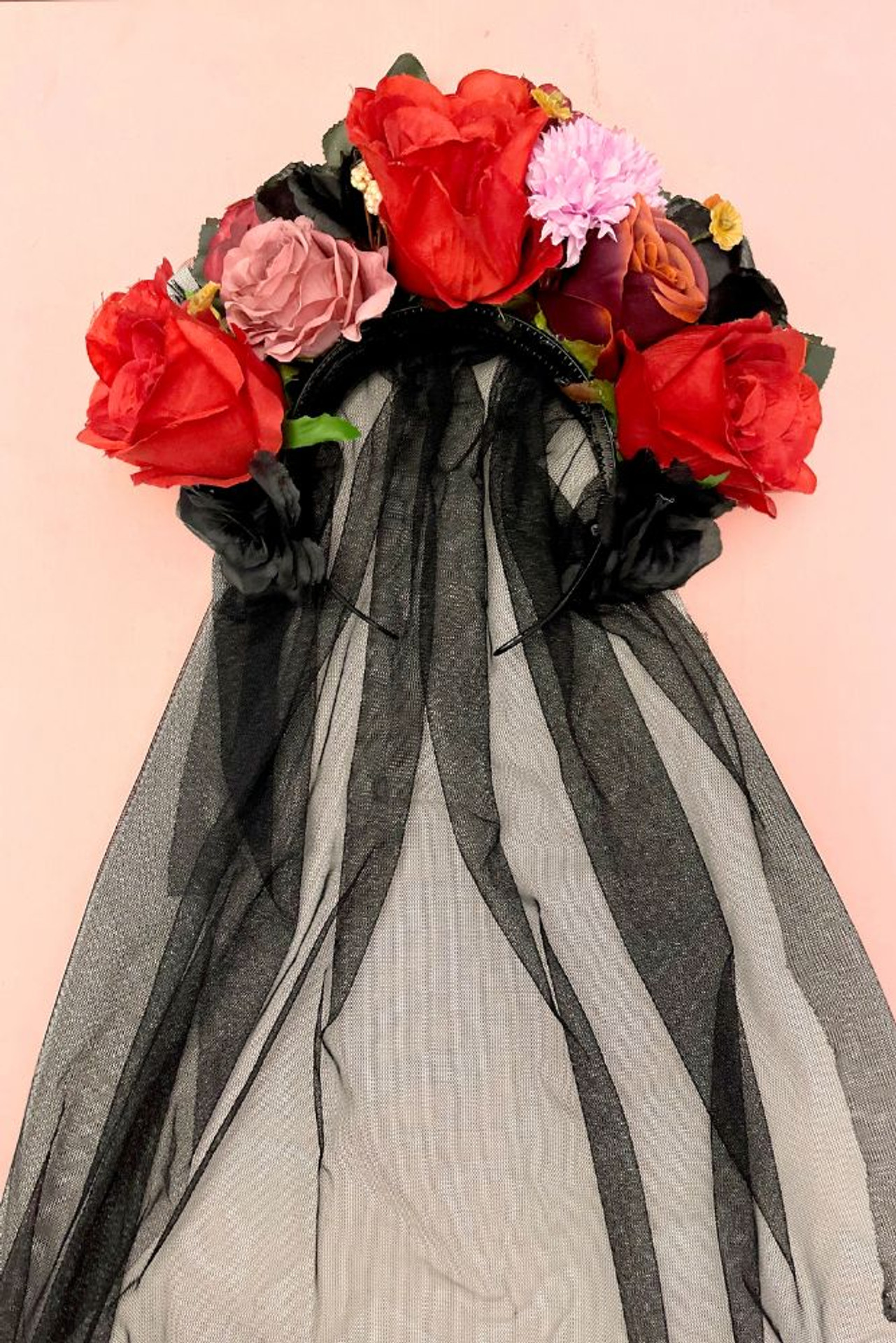 Signature Day of the Dead Handcrafted Vintage Realistic Lush Flower Crown with veil