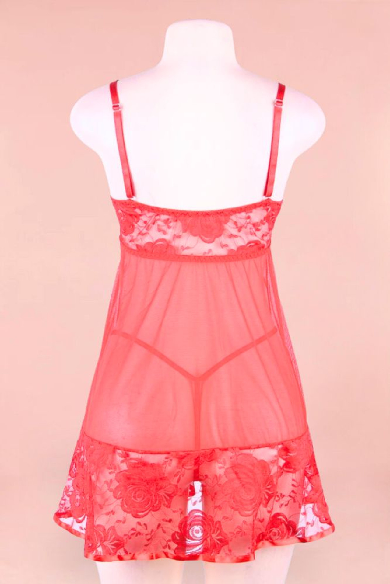 Noelle Plus Size Christmas Babydoll Lingerie in red lace and mesh with white marabou neckline trimmings and pompom ties actual product photos on a mannequin  back view