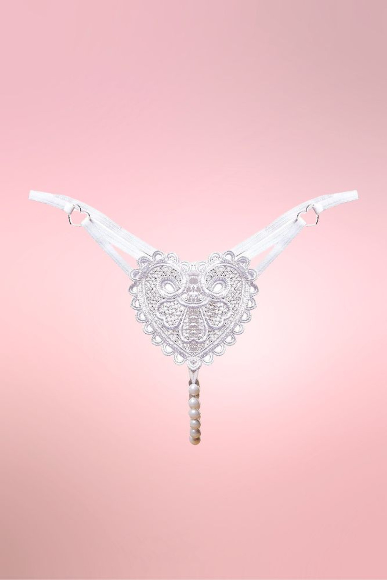 retro Heart Embroidered White Lace Crotchless Pearl Thong