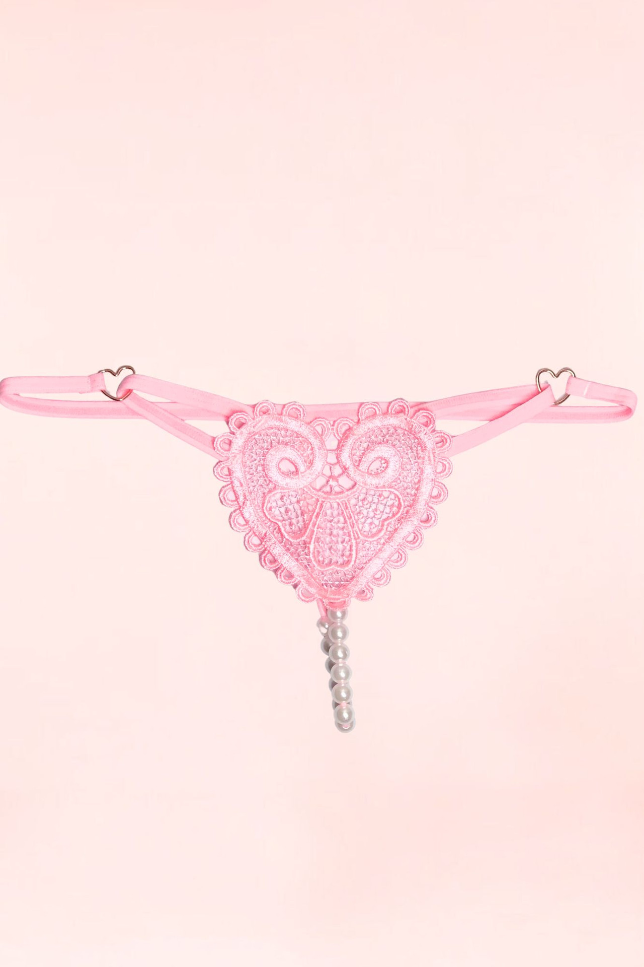 Pink Heart Embroidered Lace Pearl Crotchless Thong.
