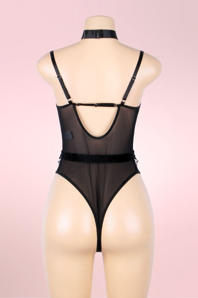 Plus Size Lingerie Beatrice Black Mesh Chain Bodysuit Teddy with mesh panels  actual product picture on a mannequin backview 