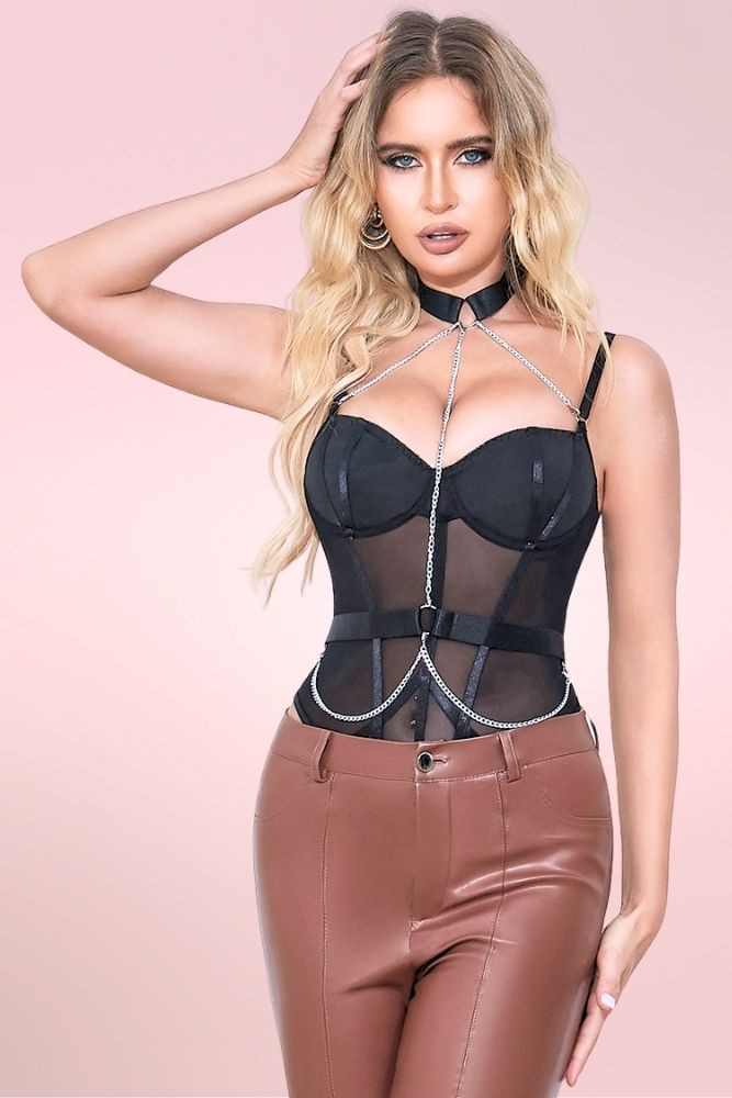 Lingerie Beatrice Black Mesh Chain Bodysuit Teddy with mesh panels