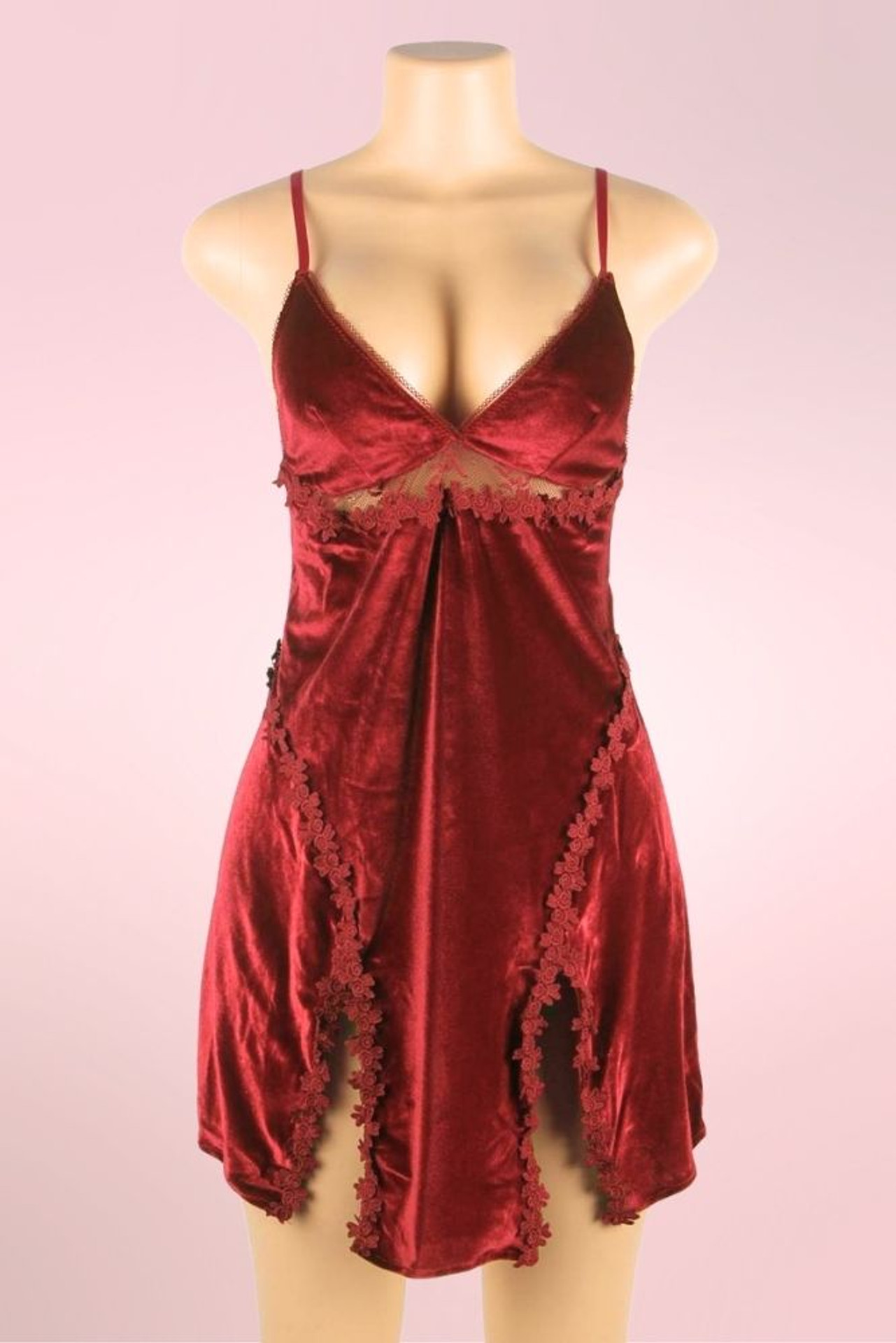 Vicky Maroon Velour Velvet Lingerie Sleepwear Nightdress with 2 front side slit trimmed with floral embroidery  actual product picture on a mannequin front view 