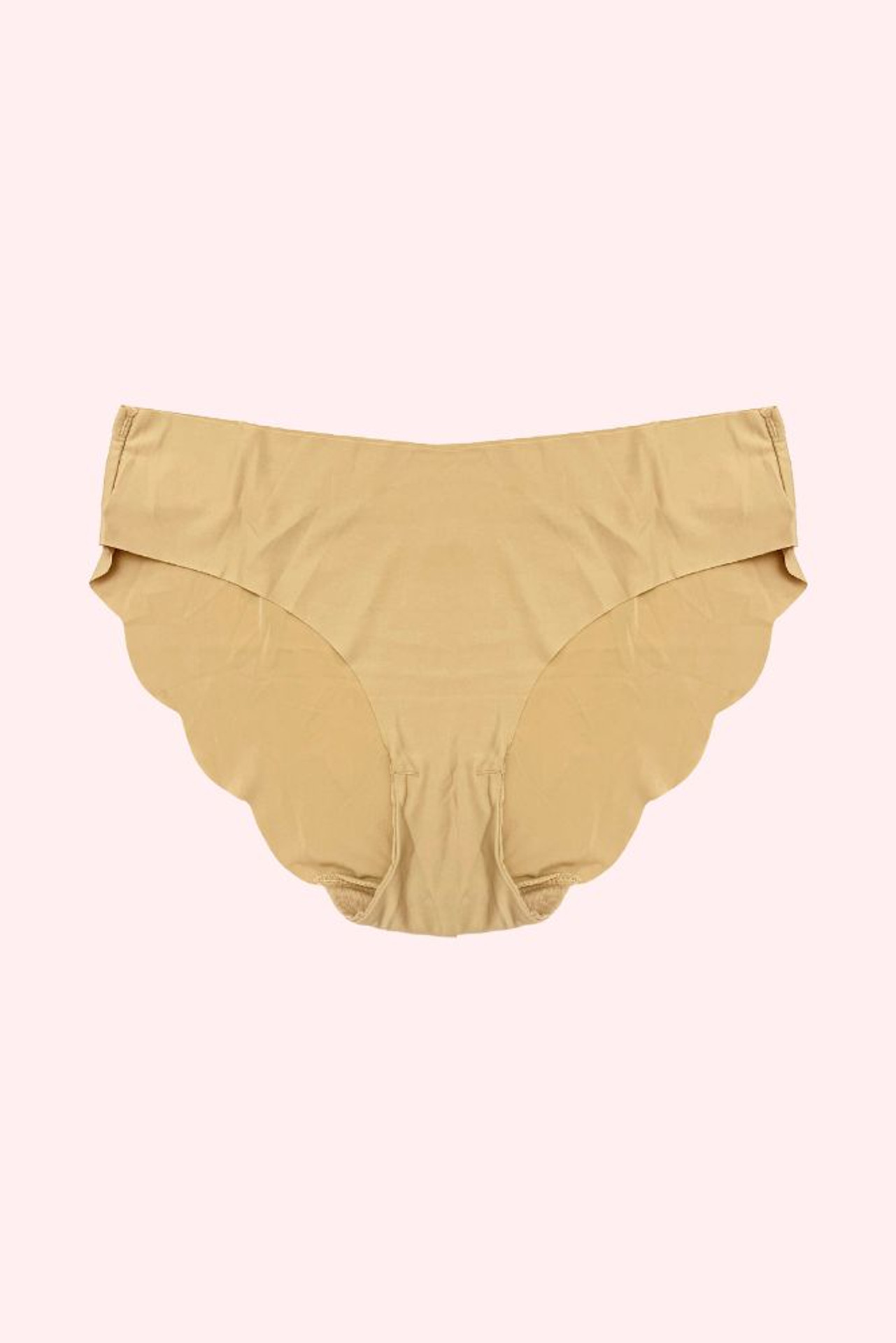 Beige Seamless panty Scallop Raw cut Edge  actual product picture on a laid flat front view 
