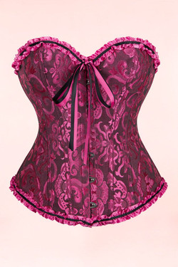 Magenta Pink Jacquard Vintage Bustier Ruffle Bustier Boned Corset Top Magenta Pink Jacquard Vintage Bustier Ruffle Bustier Boned Corset Top