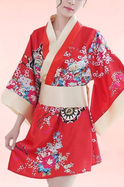Red Japanese Floral Kimono Satin robe  Lingerie.
